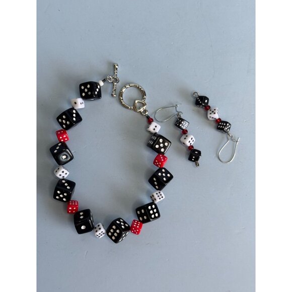 Dice-Themed Bracelet & Earrings Set With Toggle Clasp & Drop Earrings In Black W - Picture 2 of 8